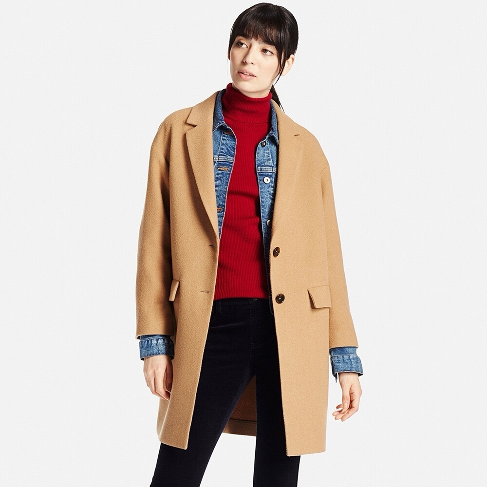 Uniqlo Wool Blend Relaxed Long Coat, Camel Beige Size S